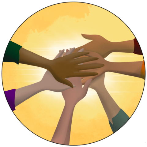 Des mains de toutes les couleurs les unes sur les autres en signe de solidarité