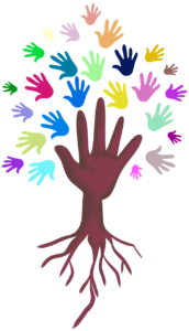 Un arbre en forme de main, et plein de mains de toutes les couleurs figurant les branches et feuilles de cet arbre.