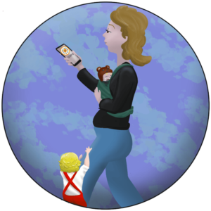 Femme tenant son smartphone ouvert sur la page d'accueil du projet CAPS, accompagnée de deux enfants, dont l'un, en pleurs, dans un porte-bébé.