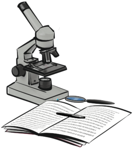 Microscope, loupe, pince et article scientifique.