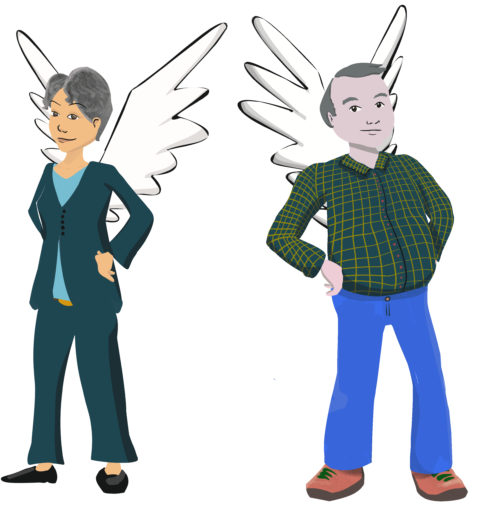 Deux personnes, mains sur les hanches, avec des ailes dans le dos